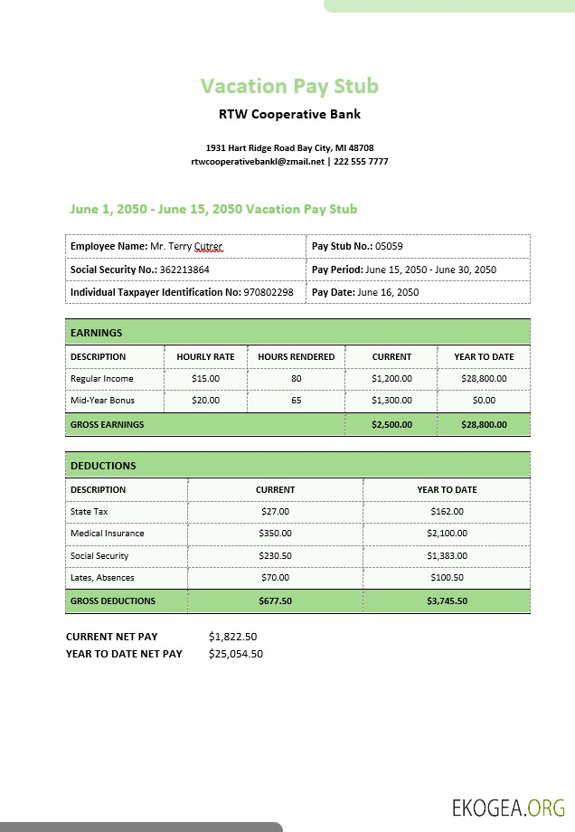 Talon de paie de congés bancaires de la Coopérative RTW aux formats PDF et Word